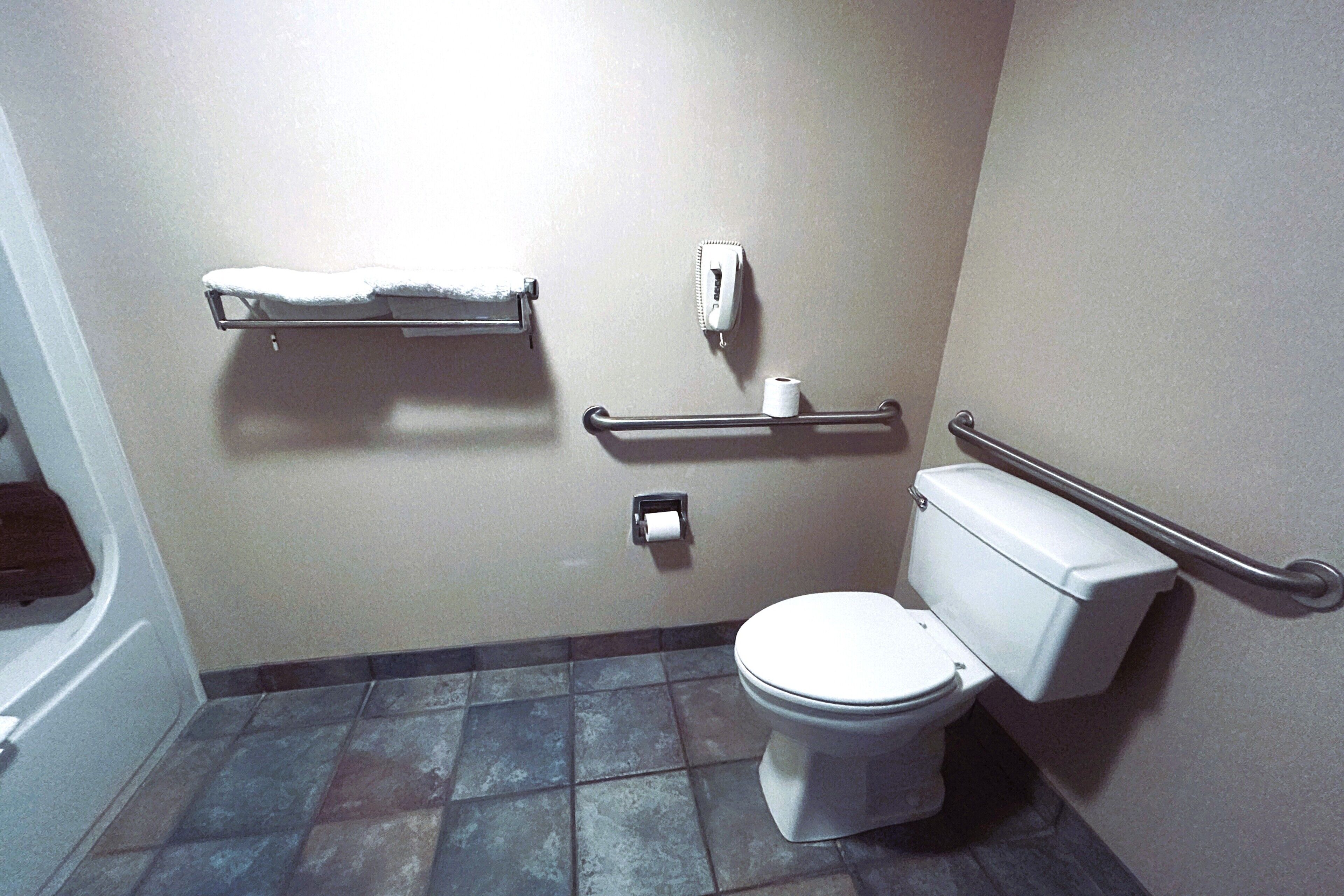 Een badkamer met toilet, handdoekhouder, desinfecterende handgeldispenser en toiletrolhouder.