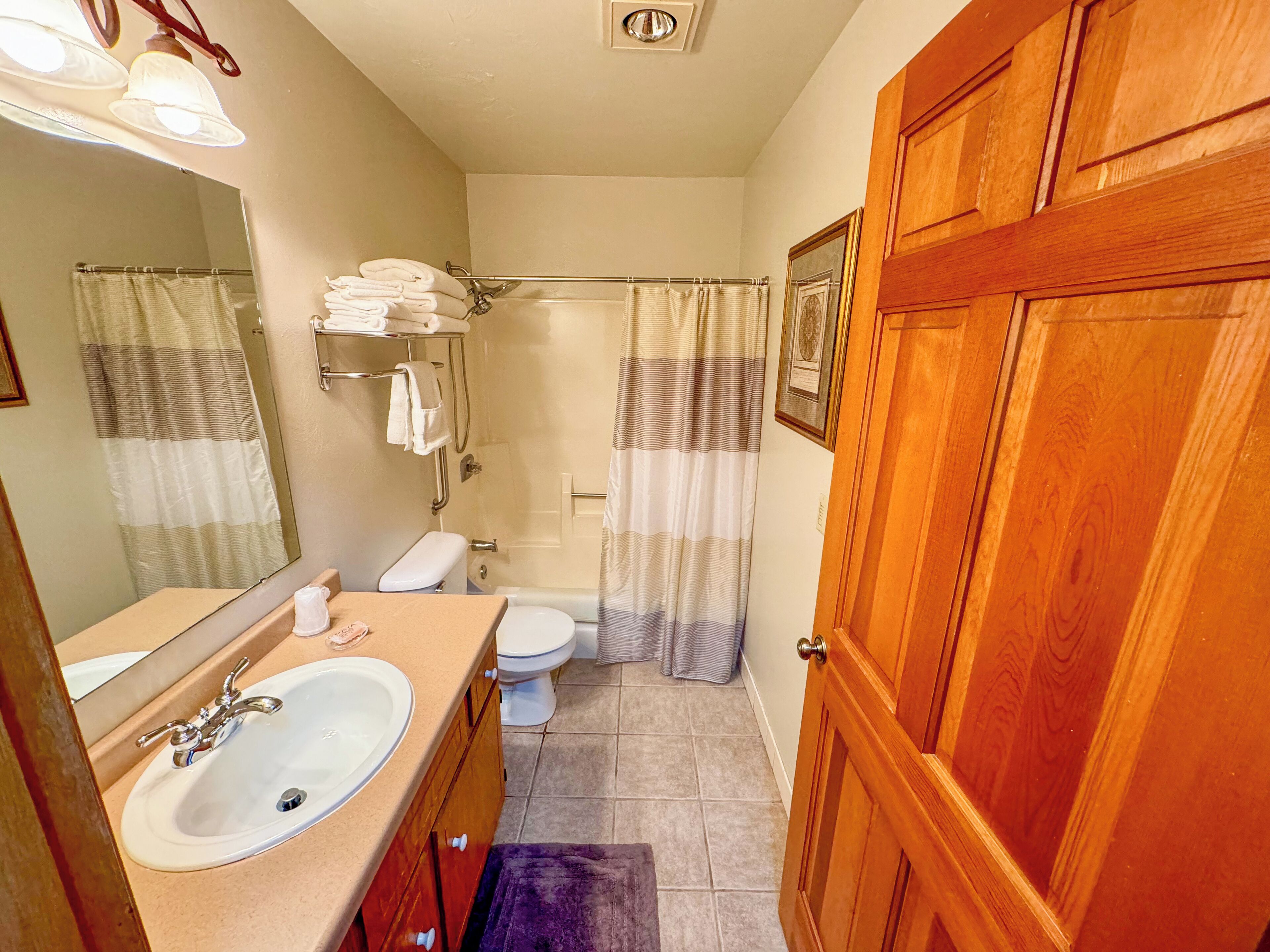 A bathroom with a sink, toilet, shower, and wooden door.