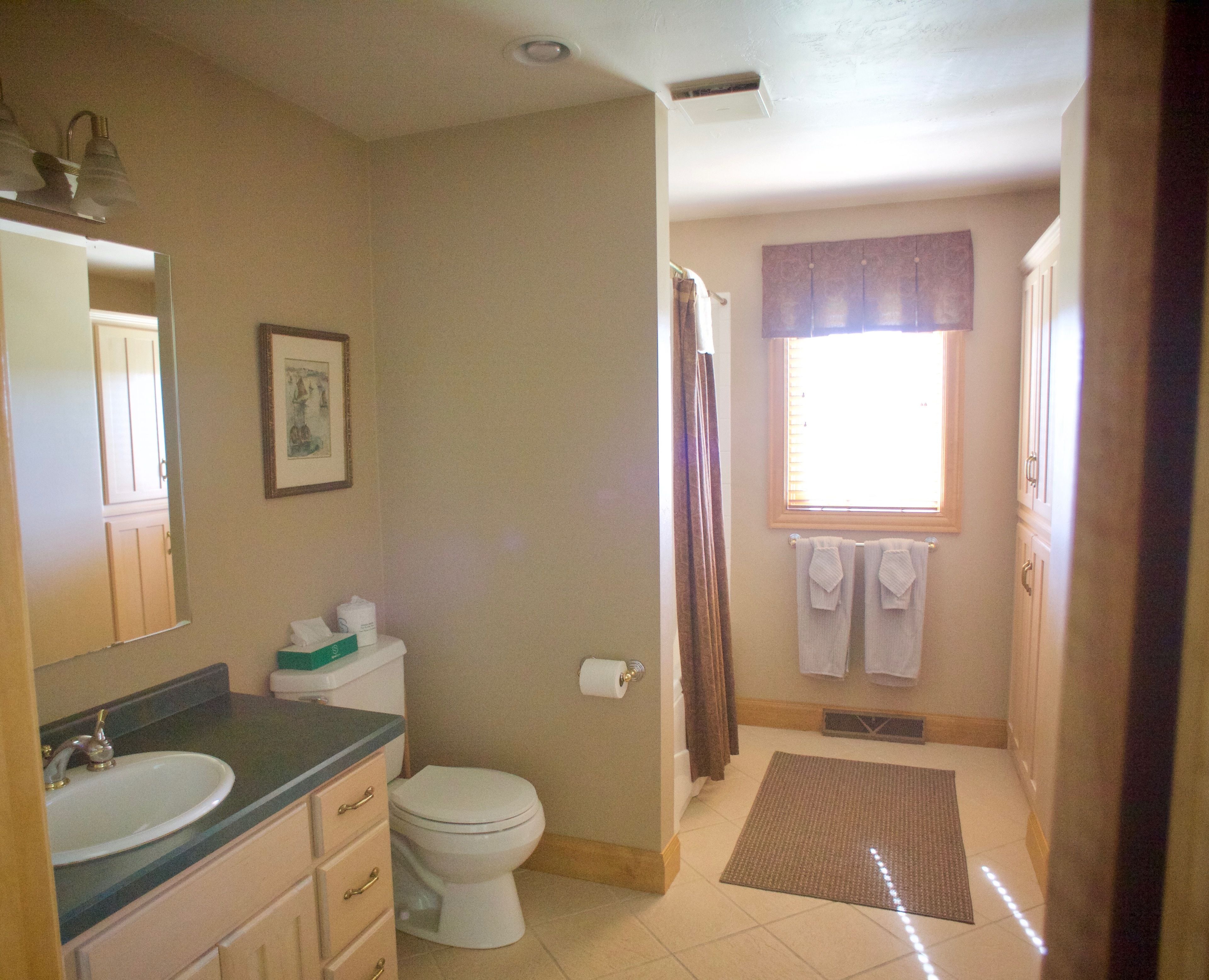 A bathroom with a sink, toilet, and shower. There is a window with curtains and a towel rack with towels.