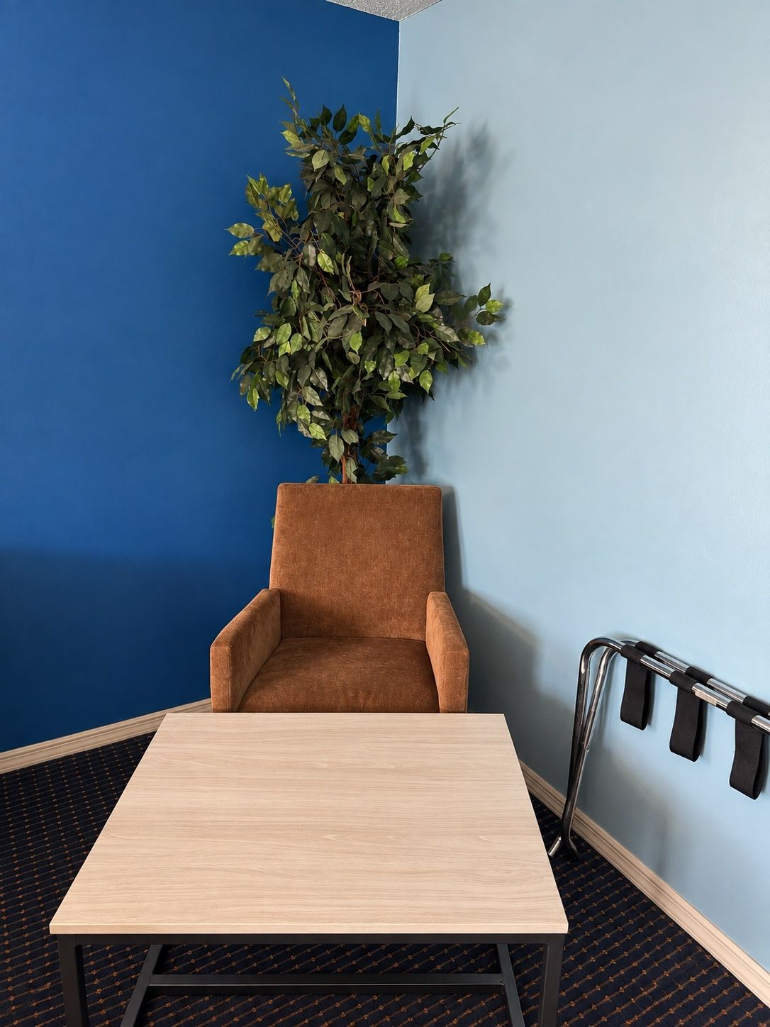 A room with a brown armchair, a small table, a potted plant, and a radiator.
