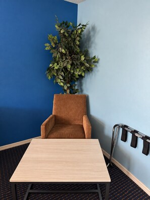 Una habitación con un sillón marrón, una mesita, una planta en maceta y un radiador.