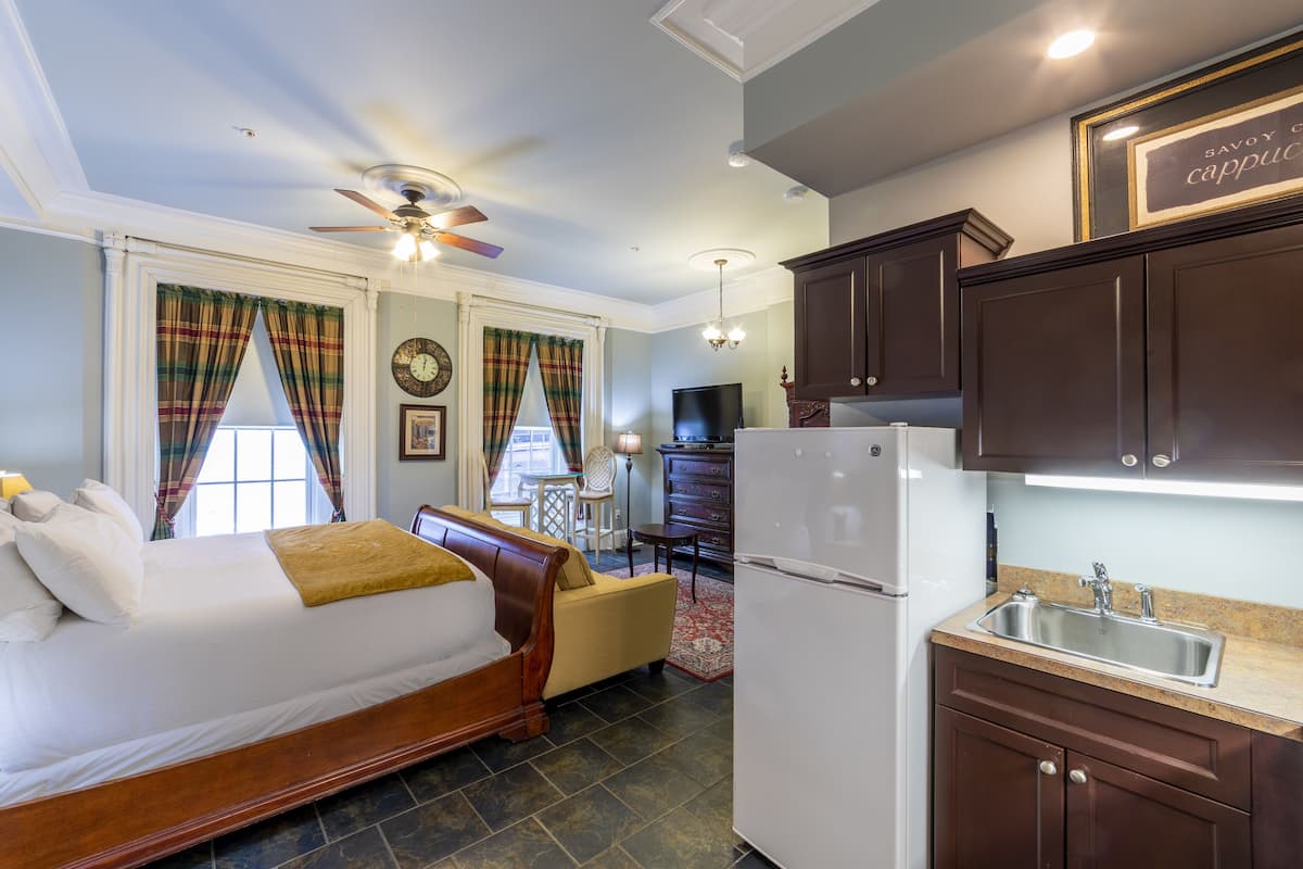 A bedroom with a bed, a ceiling fan, a television, a refrigerator, and a kitchen area with a sink and cabinets.
