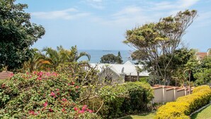 Un jardín con diversas plantas y vista al mar.