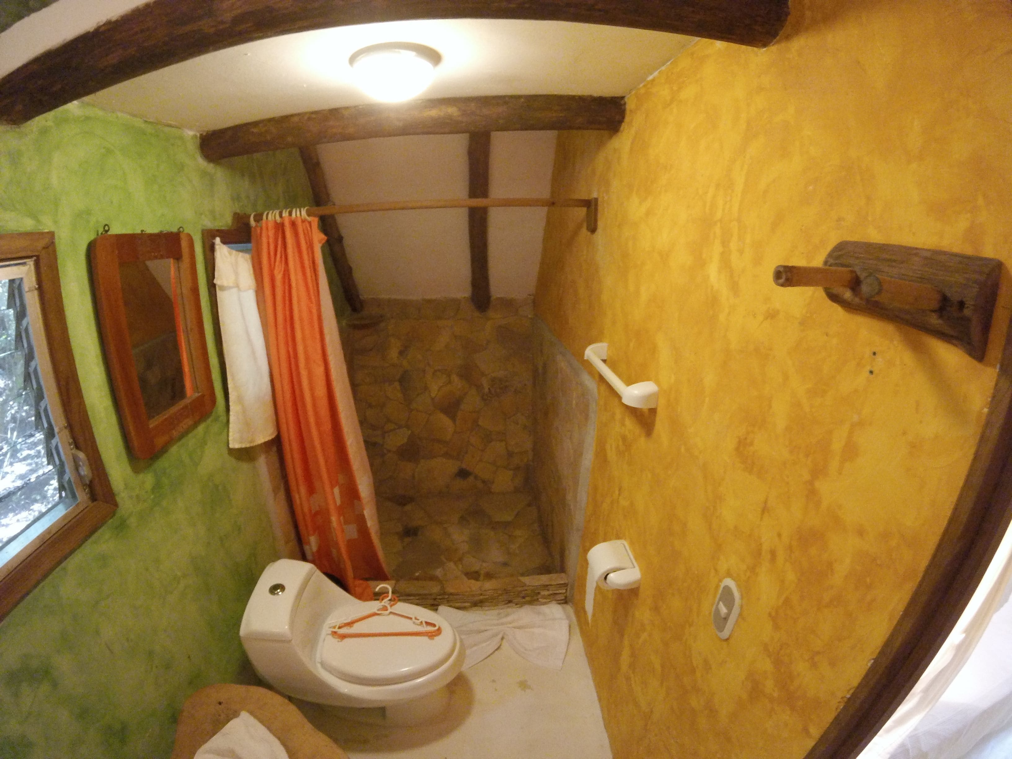 A bathroom with a toilet, a shower area, and a window.