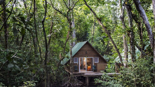 A wooden cabin with a deck, surrounded by dense forest and a body of water. - Hotel Hacienda Tijax (Livingston)