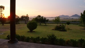 A grassy landscape with trees and a distant mountain range. - Mountain View Guest House (Glencoe)