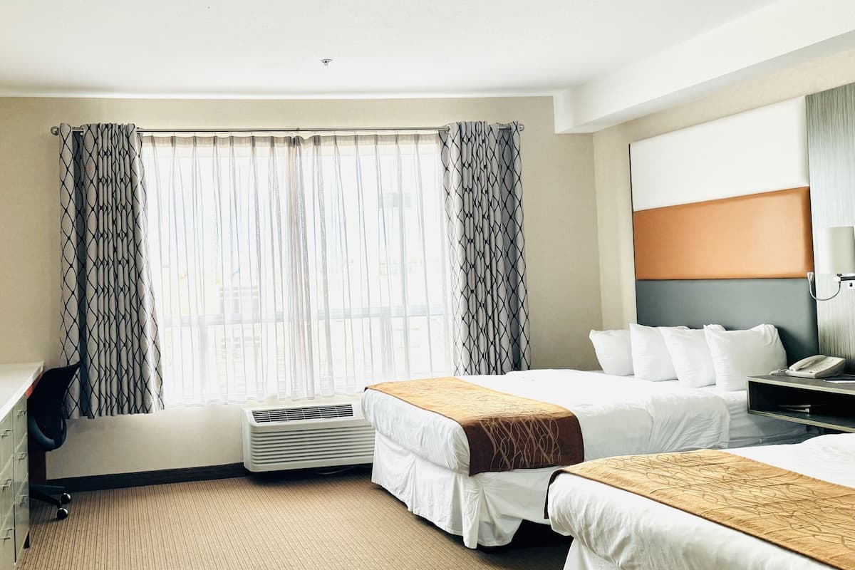 Quarto standard, 2 camas Queen, micro-ondas | Roupas de cama premium, ferros/tábuas de passar roupa, Wi-Fi de cortesia