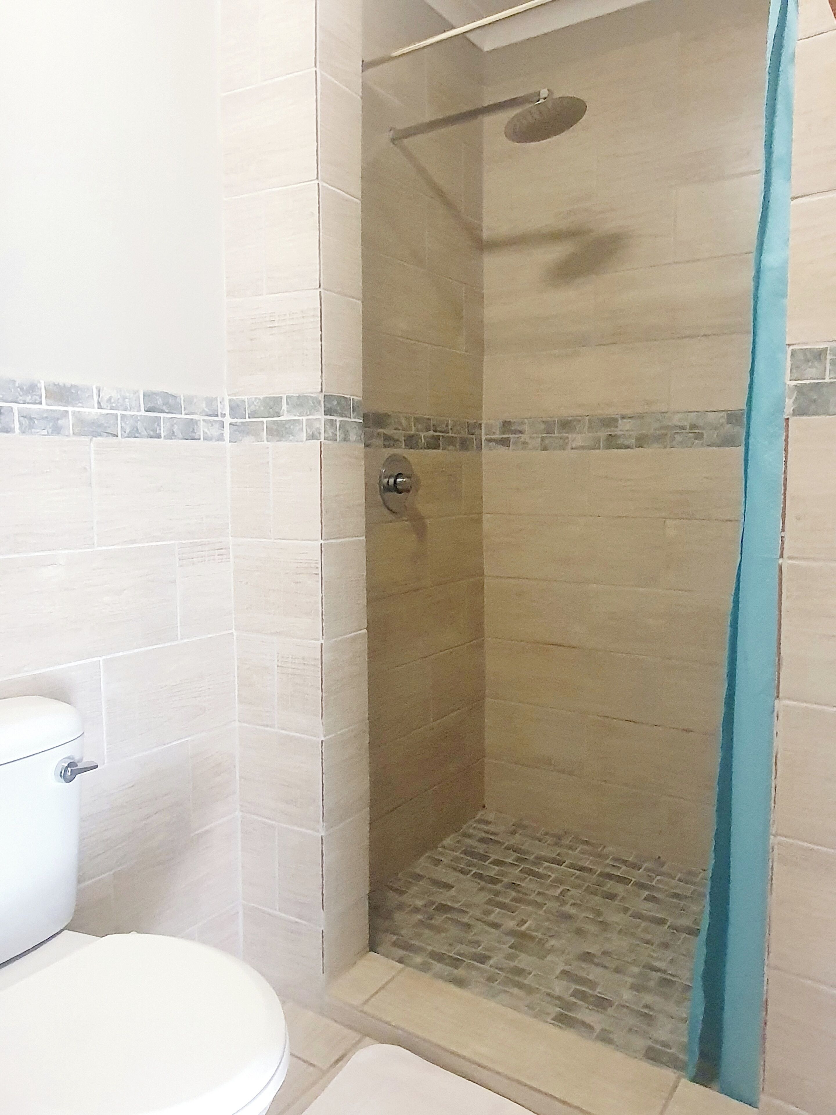 Une salle de bain avec une douche, des murs carrelés et des toilettes.