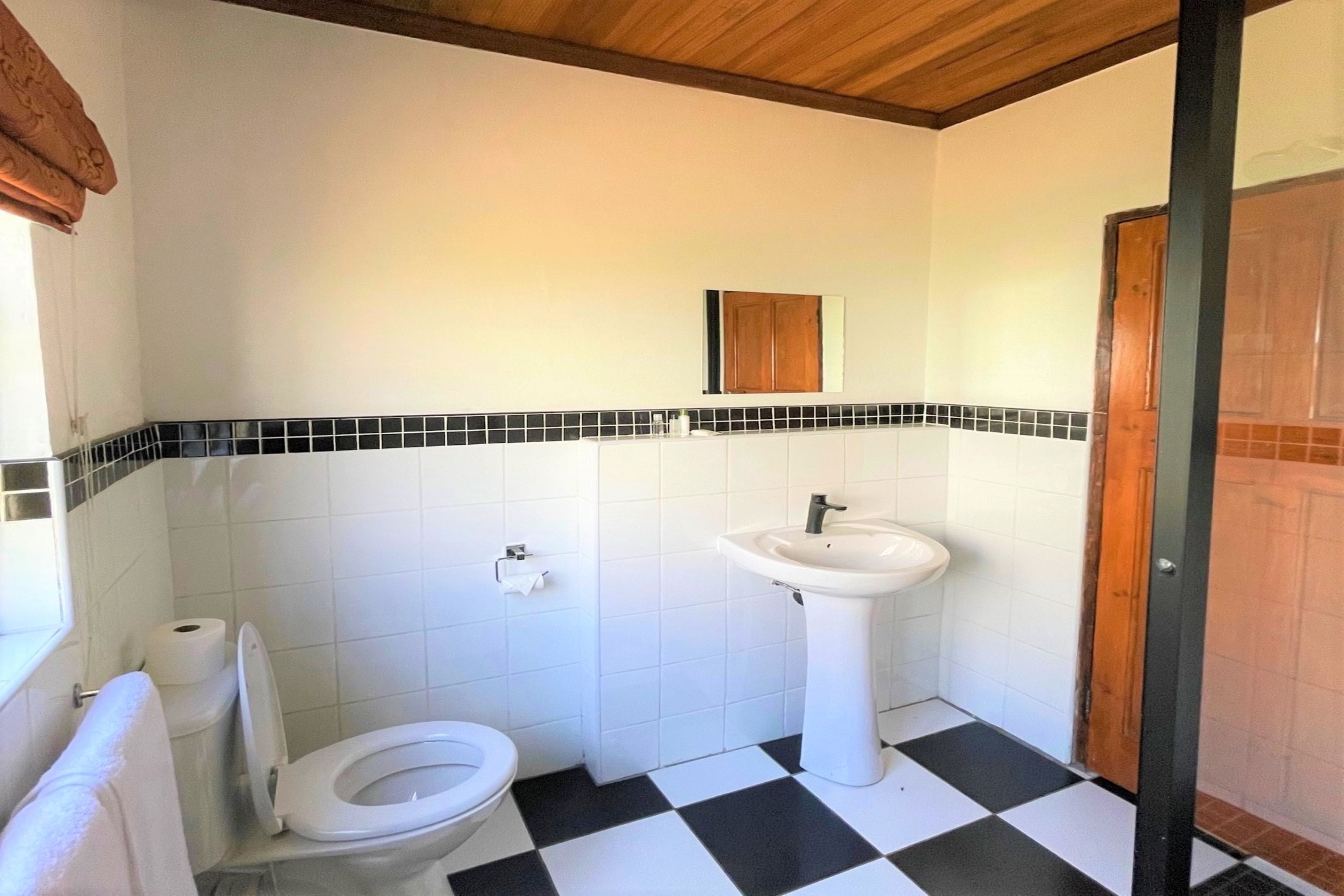 Un baño con piso a cuadros blanco y negro, un inodoro blanco y un lavamanos blanco sobre pedestal.