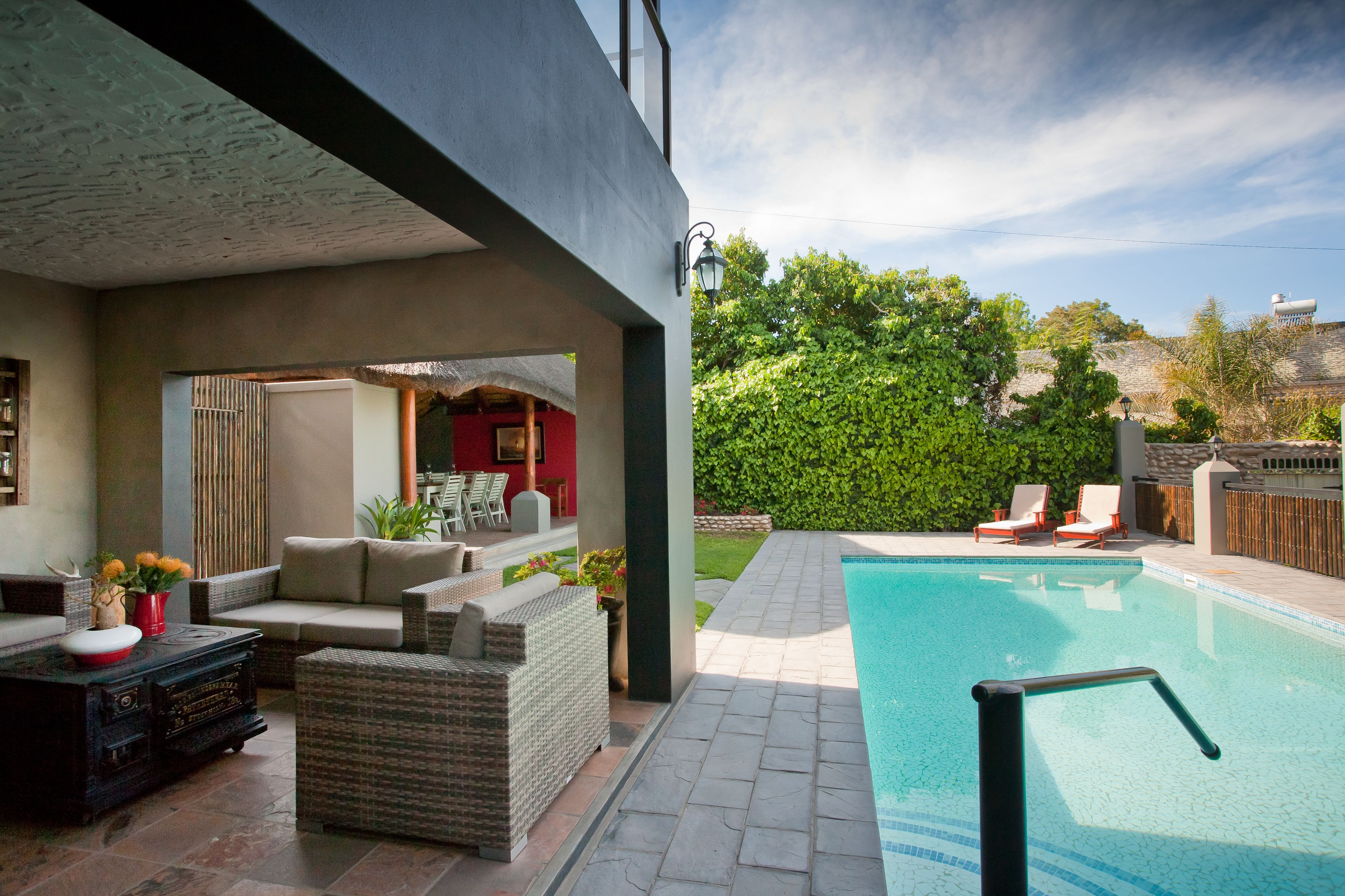 Outdoor pool, pool umbrellas, pool loungers