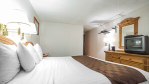 A hotel room with a bed, a television, a dresser, and a mirror.