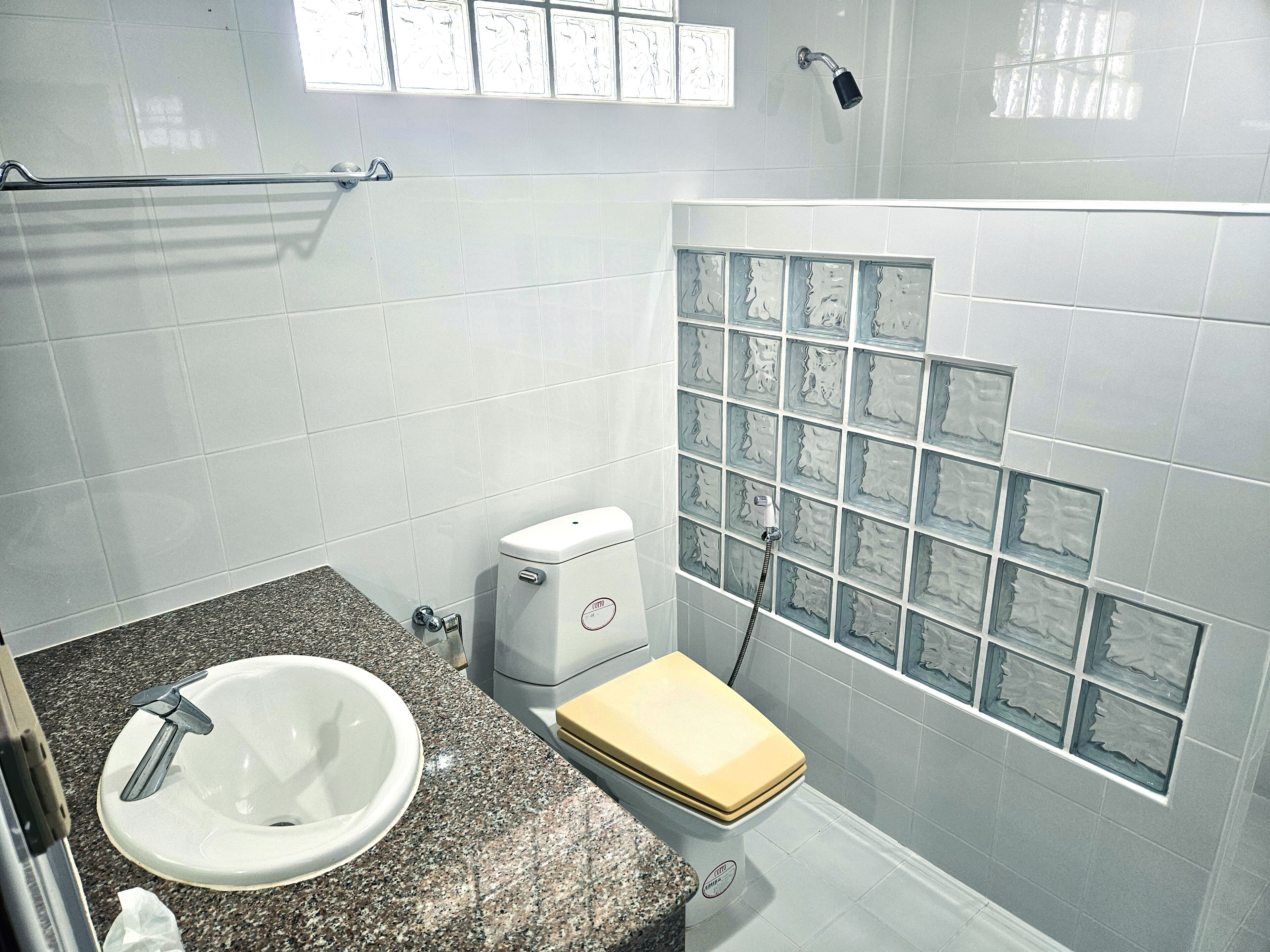 Et badeværelse med bordplade i granit, en hvid vask, toilet og brusebad med væg af glasfliser.