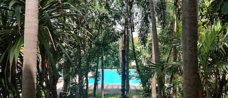 Een buitenzwembad, parasols bij het zwembad en ligstoelen