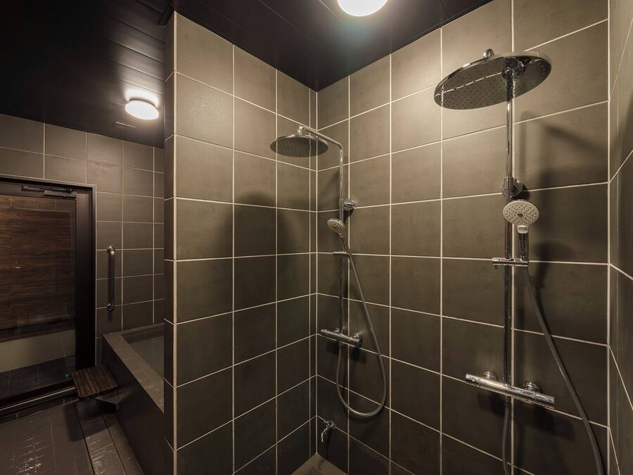 Shower, hair dryer, slippers, towels