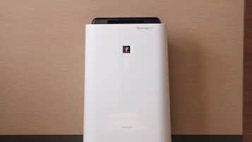 A white air purifier with a control panel on top, standing on a wooden floor against a textured wall.