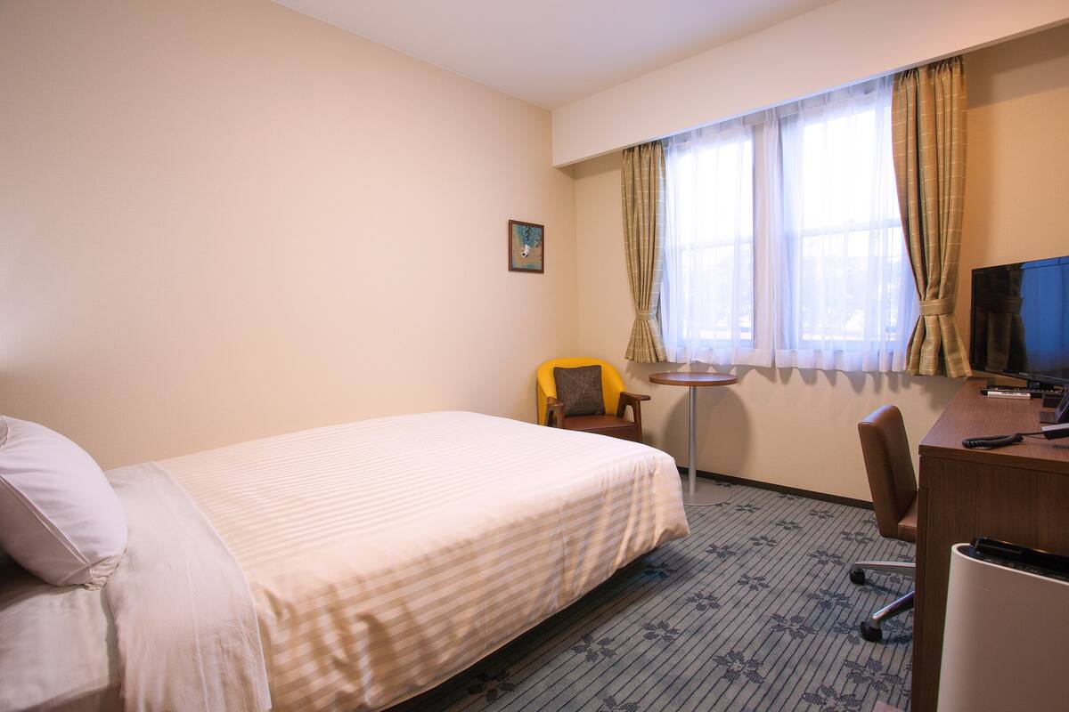 A hotel room with a bed, a desk, a chair, a television, and a small table.