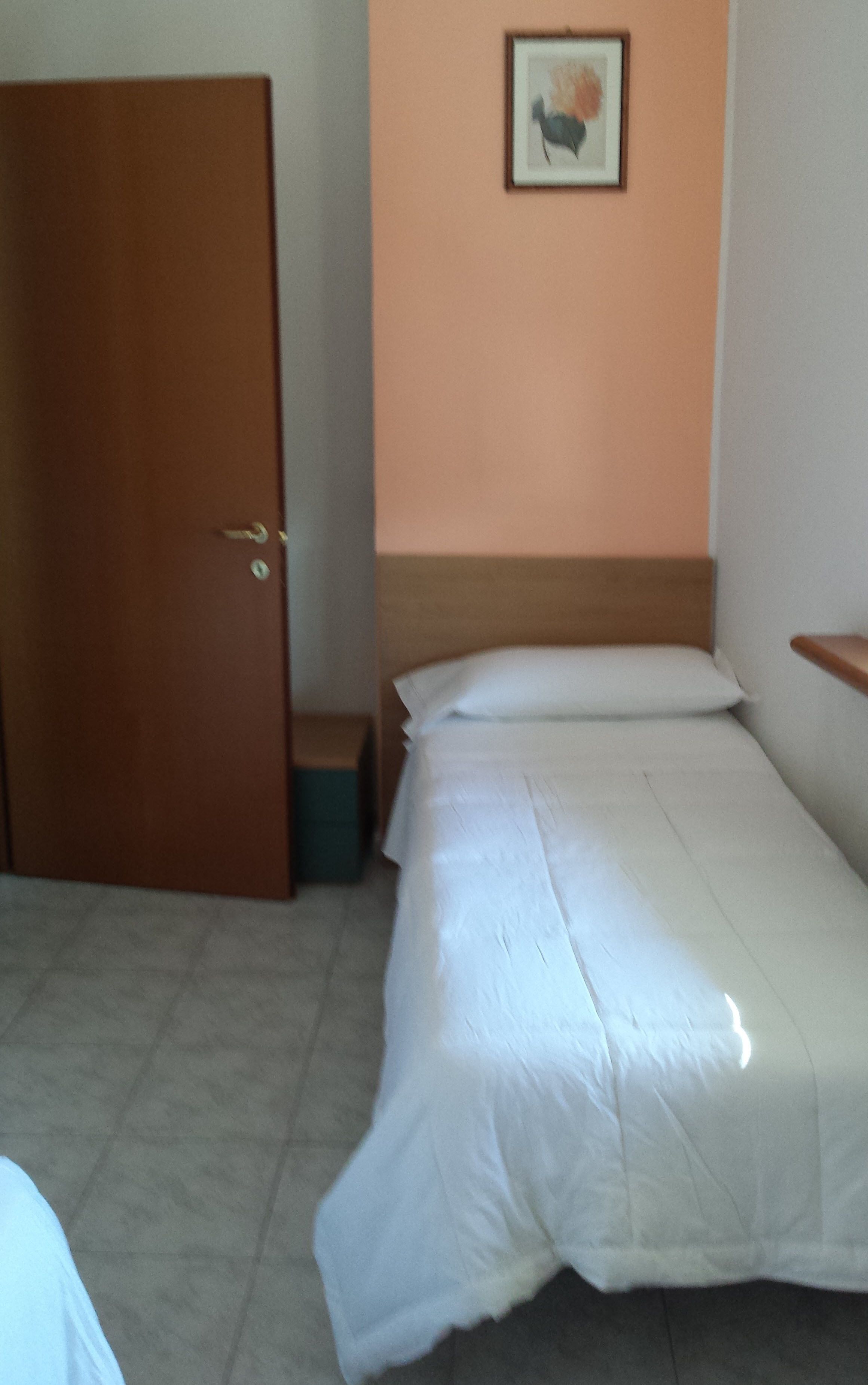 A small, simple room with a bed, a door, and a wall-mounted picture.