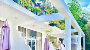 Un edificio moderno con un patio amplio, paredes blancas, ventanas grandes y varios niveles con macetas colgantes.