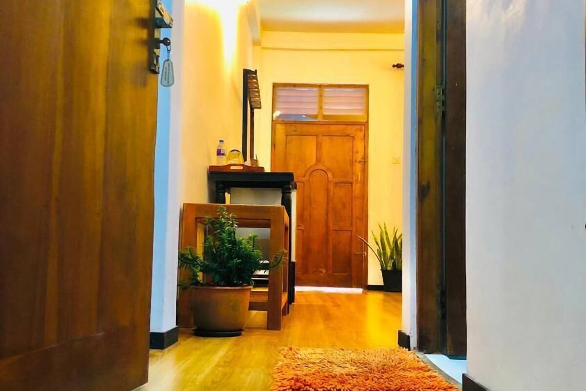 A hallway with wooden flooring, a potted plant, a small table with a lamp, and a door at the end.