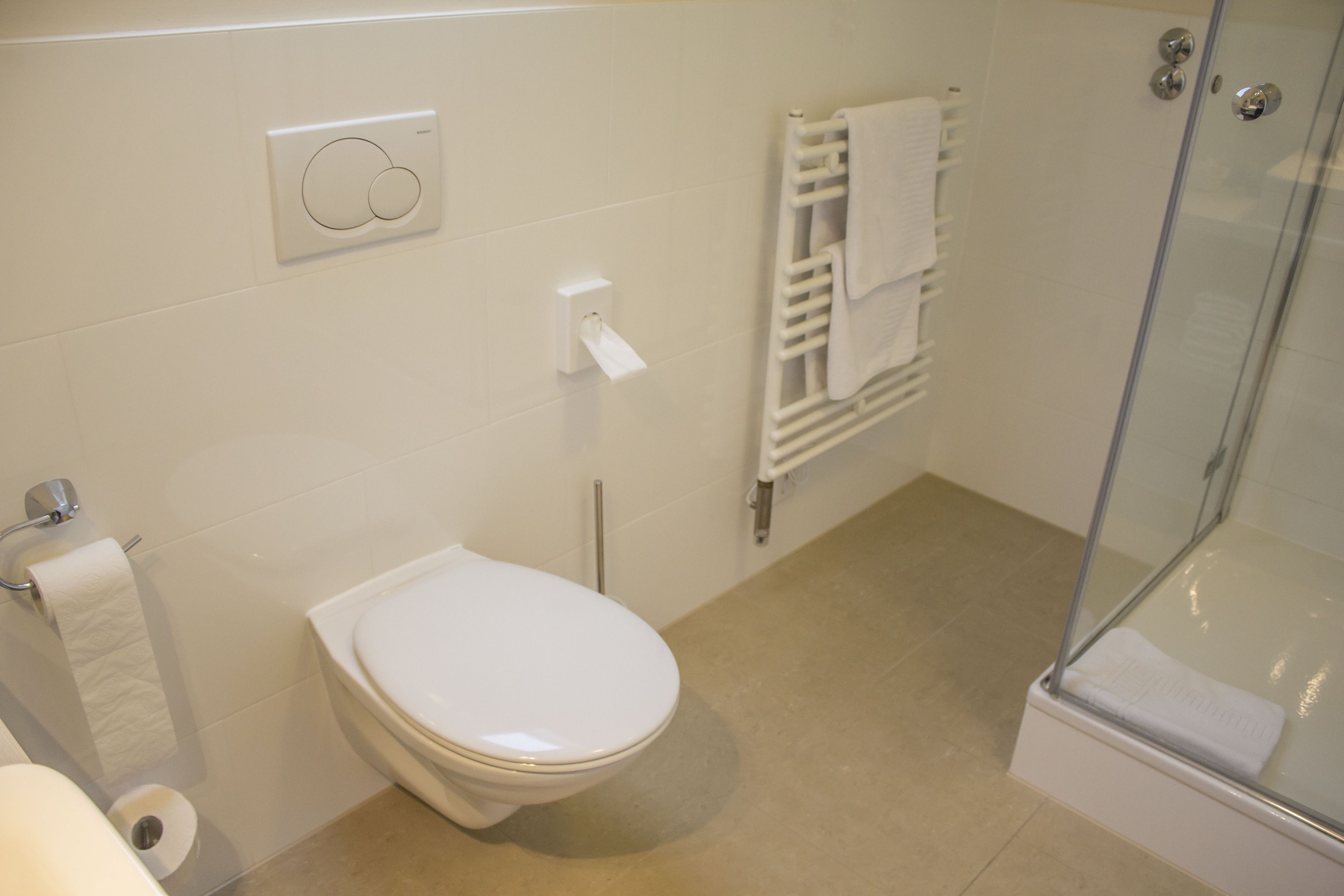 A bathroom with a toilet, a towel rack, and a glass shower enclosure.