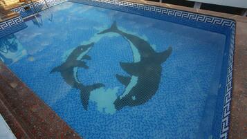 A swimming pool with a dolphin mosaic design.
