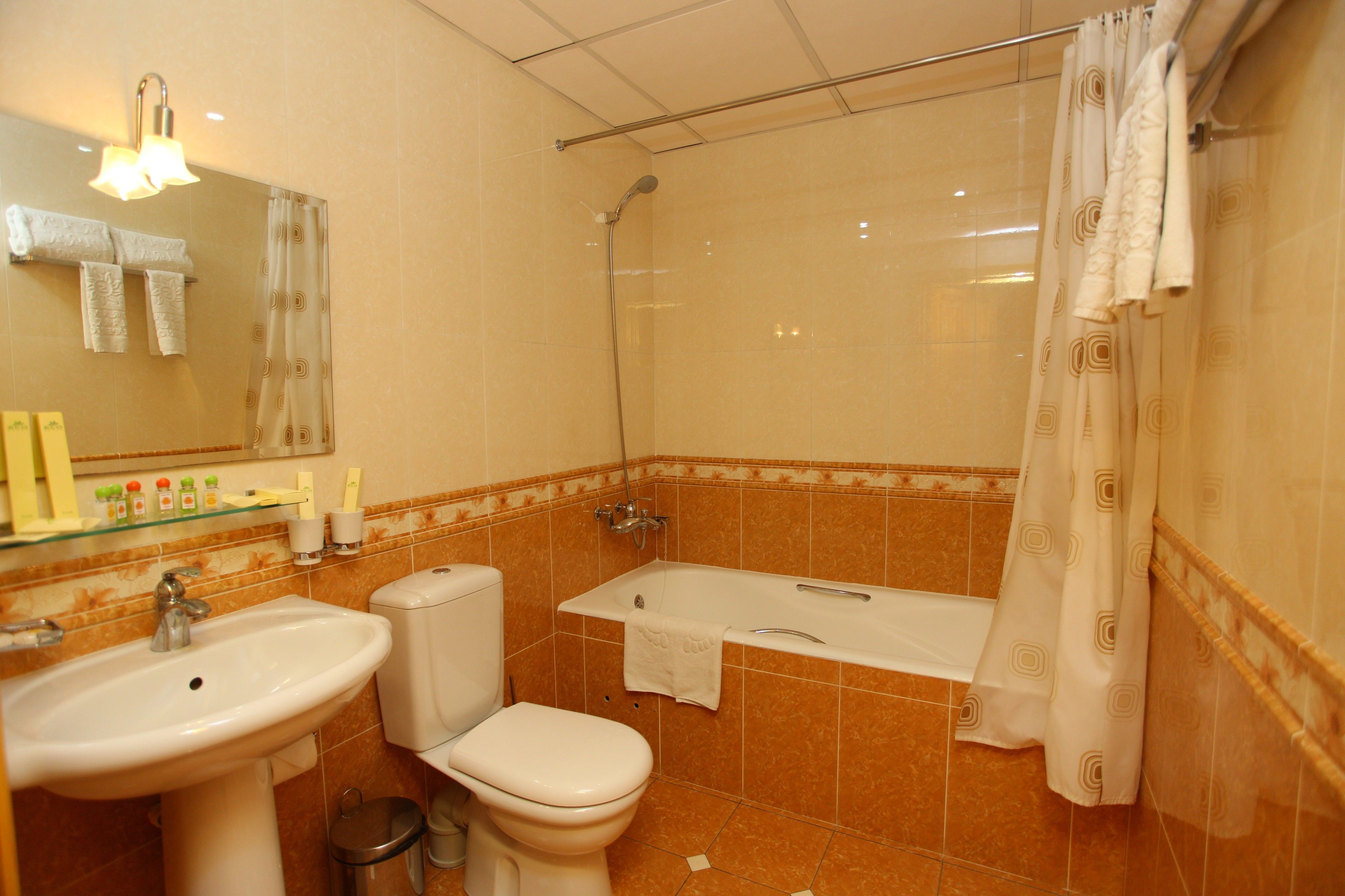 combined shower/bathtub, hair dryer, slippers, towels