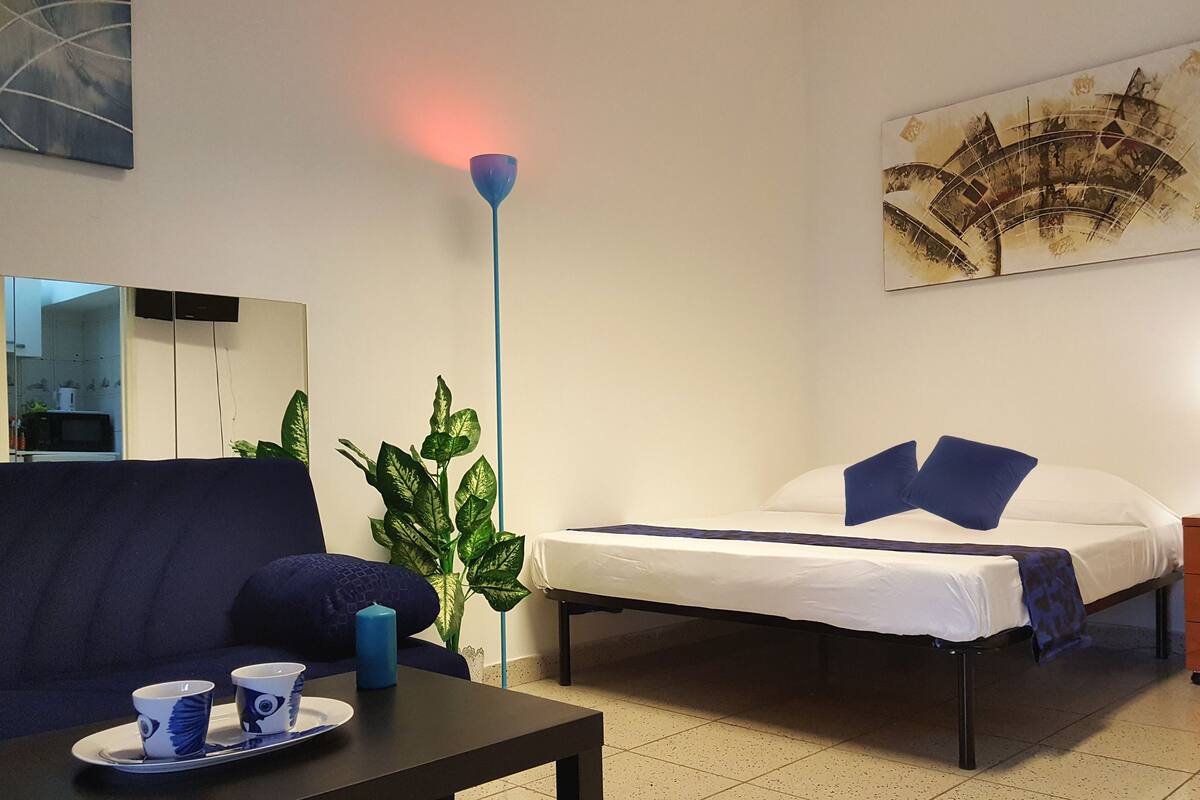 Una habitación de hotel con cama, sofá, una mesa con tazas, una planta y un cuadro en la pared.