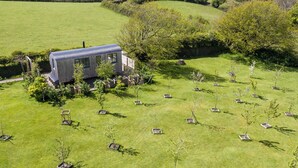 A modern, single-story house with a metal roof, surrounded by a well-maintained lawn and several young trees. - The Old Vicarage (Cardigan)