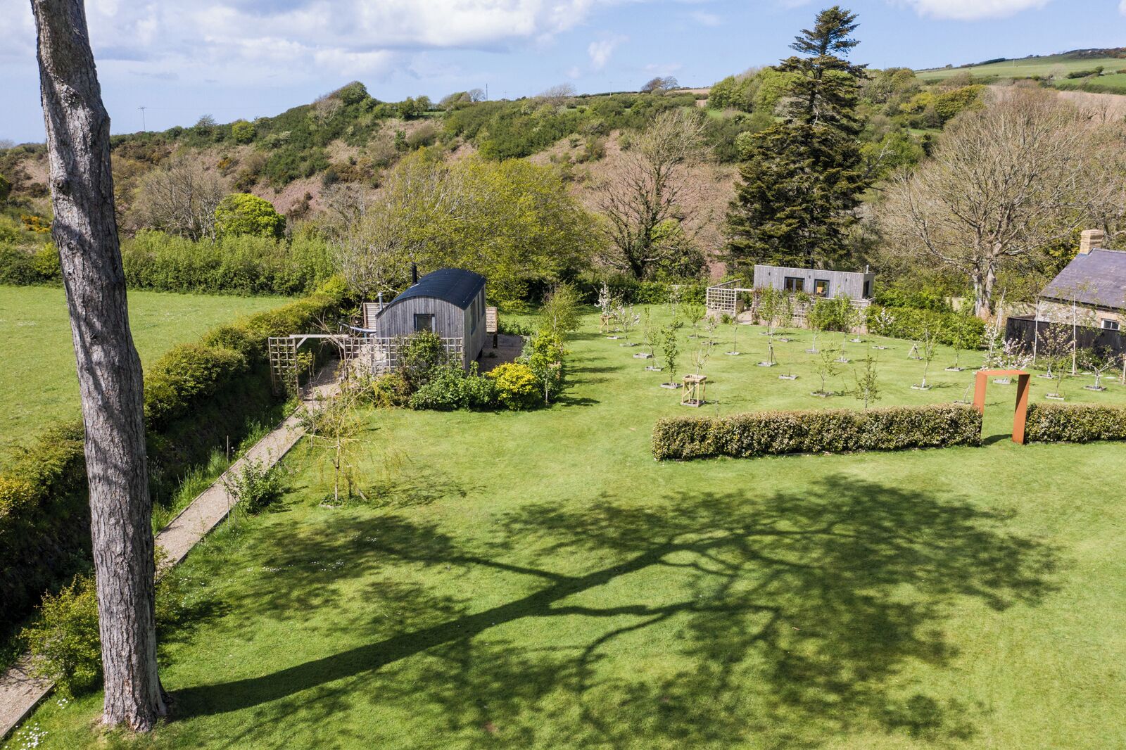 A rural landscape with a small house surrounded by a well-maintained lawn and a variety of trees.