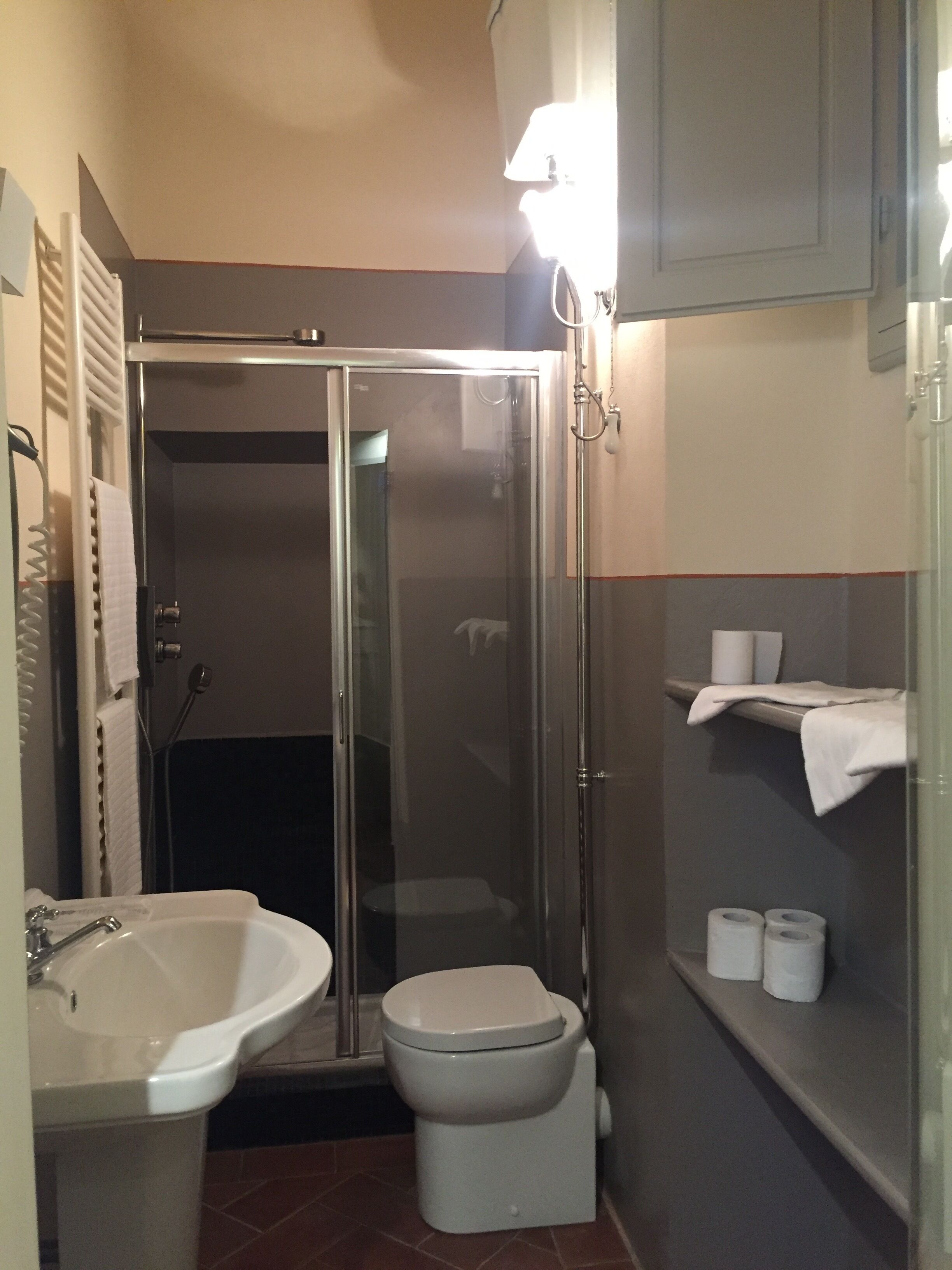 Une petite salle de bain dotée d’une douche à parois de verre, d’un lavabo blanc et de toilettes.