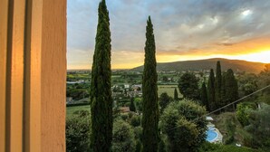 A view of a landscape with tall cypress trees, a swimming pool, and a distant town. - Villa Alta (San Giuliano Terme)
