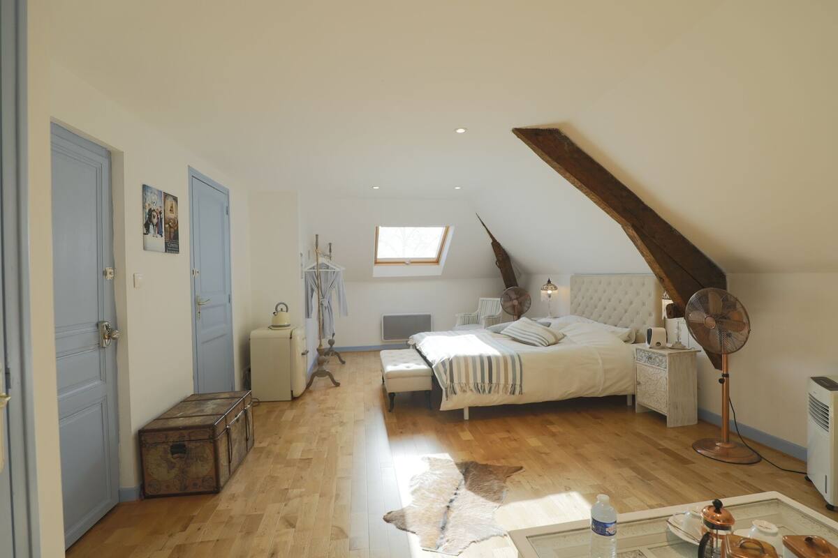 A bedroom with a sloped ceiling, a bed, a radiator, a fan, a dresser, a suitcase, and a cowhide rug.
