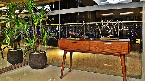 Un interior moderno con un aparador de madera, plantas en macetas y una escultura decorativa de árbol.