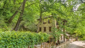 A stone building with wooden shutters, surrounded by lush greenery and a stone pathway leading to the entrance. - Palios Stathmos (South Pelion)