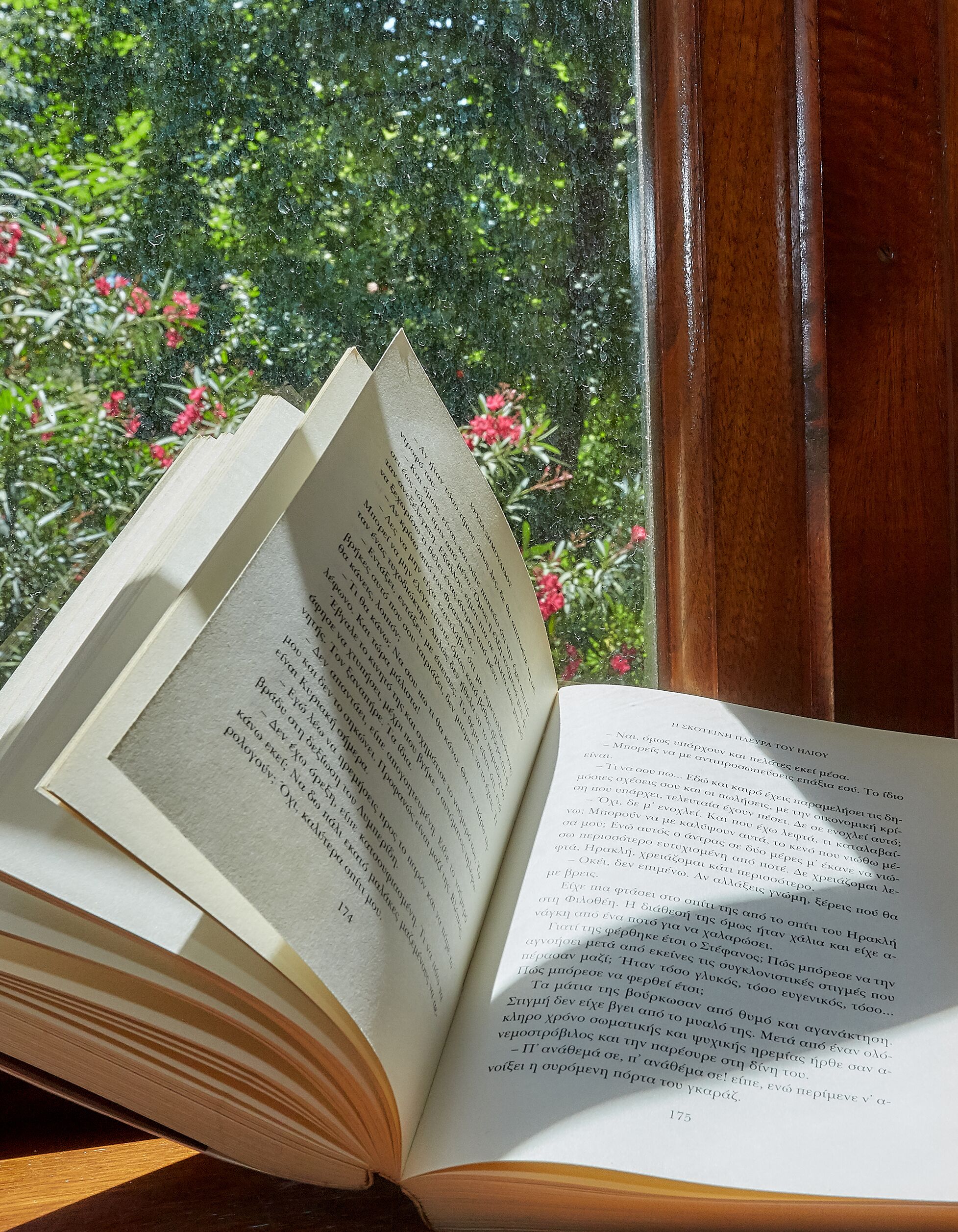 Un livre ouvert sur une surface en bois, près d’une fenêtre donnant sur un paysage verdoyant et fleuri.