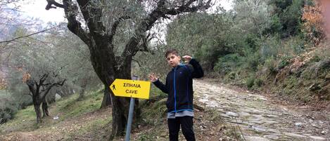 Una persona de pie junto a un cartel que indica 'Epinalia Cave' en un camino de piedra rodeado de árboles.