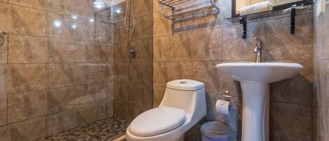 Un baño moderno con ducha, inodoro y lavamanos.