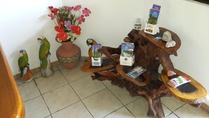 Uma mesa de madeira com base em toco, rodeada por um vaso de flores, uma estatueta de papagaio e alguns livros.
