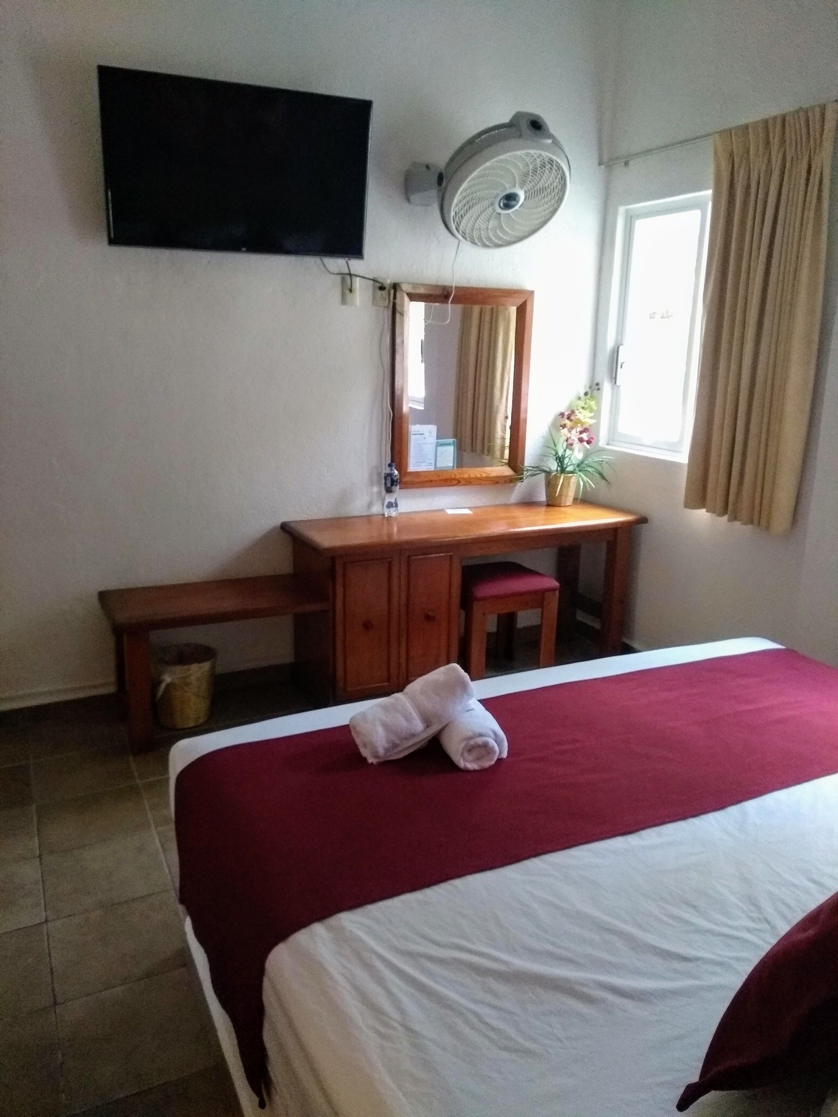 A hotel room with a bed, a desk, a chair, a television, a mirror, a window with curtains, and a potted plant.