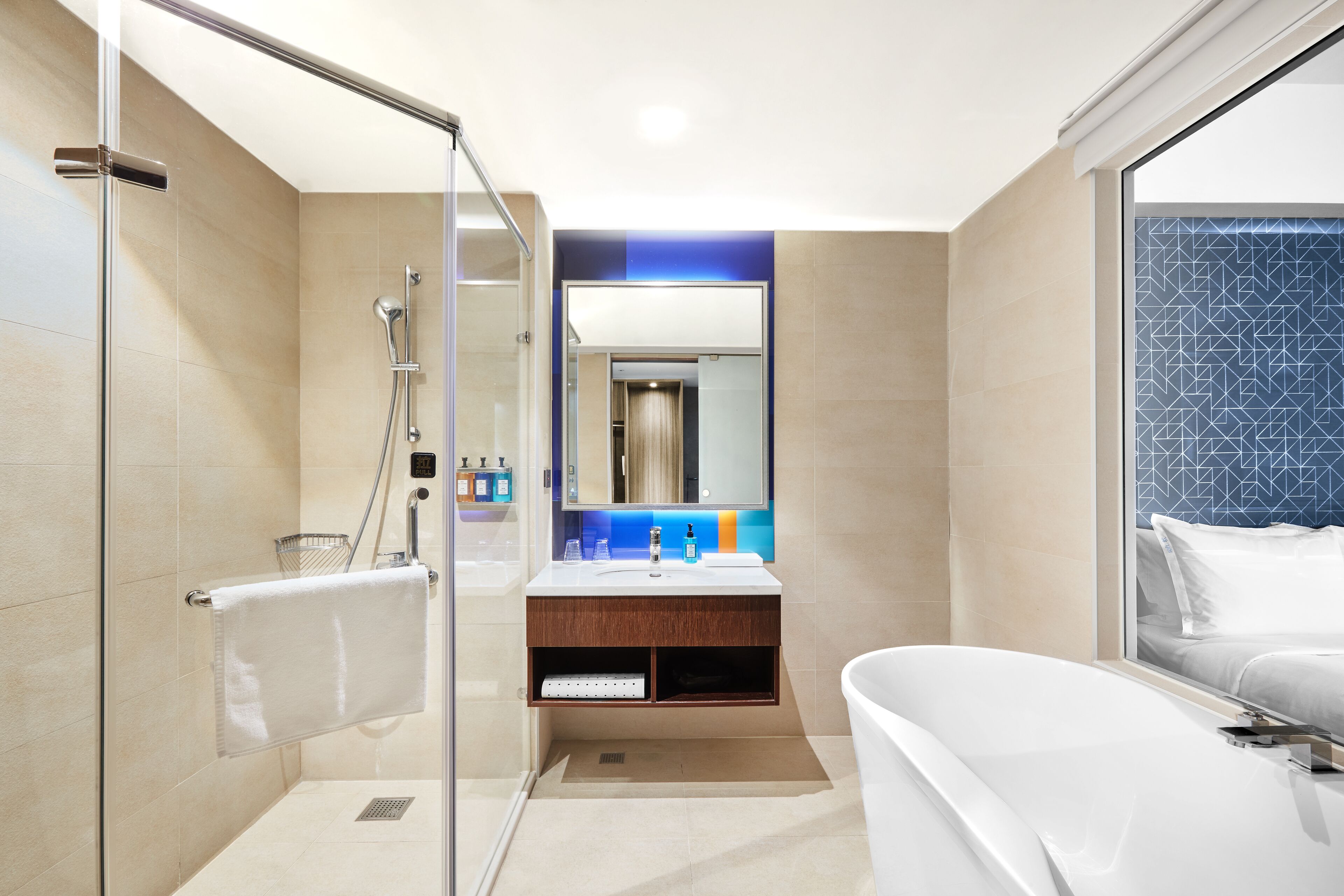 1 king bed standard river view high fl | bathroom | shower, hair dryer, slippers, towels