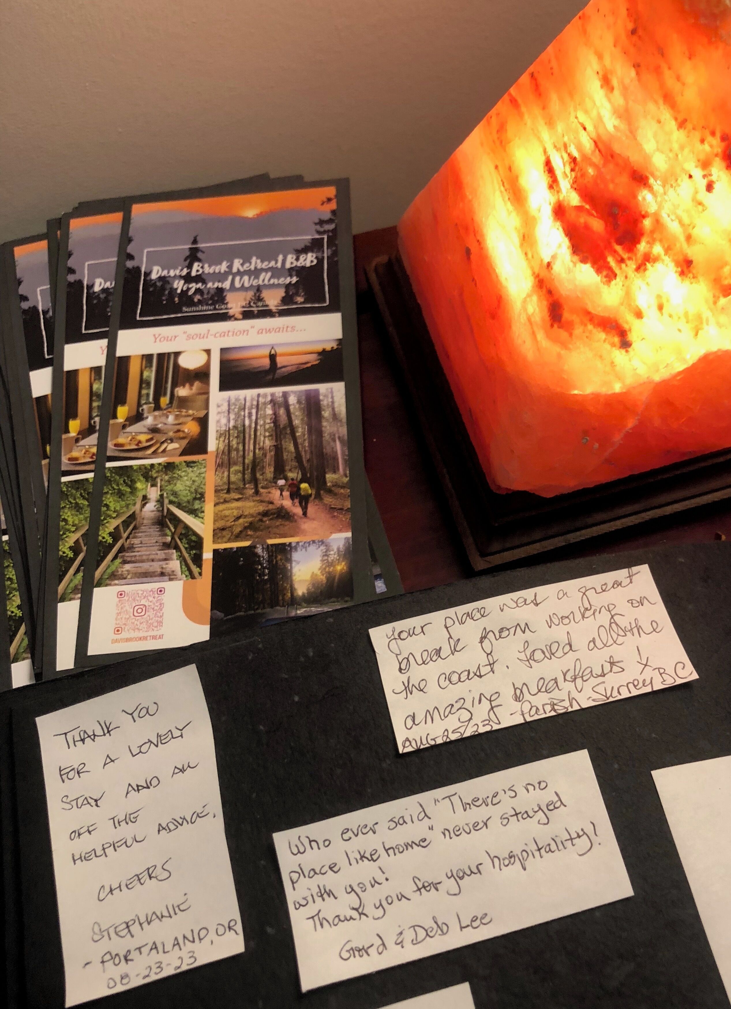 A lava lamp, a brochure, and handwritten notes.