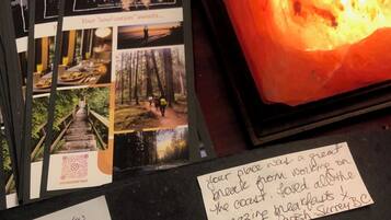 A lava lamp, a brochure, and handwritten notes.