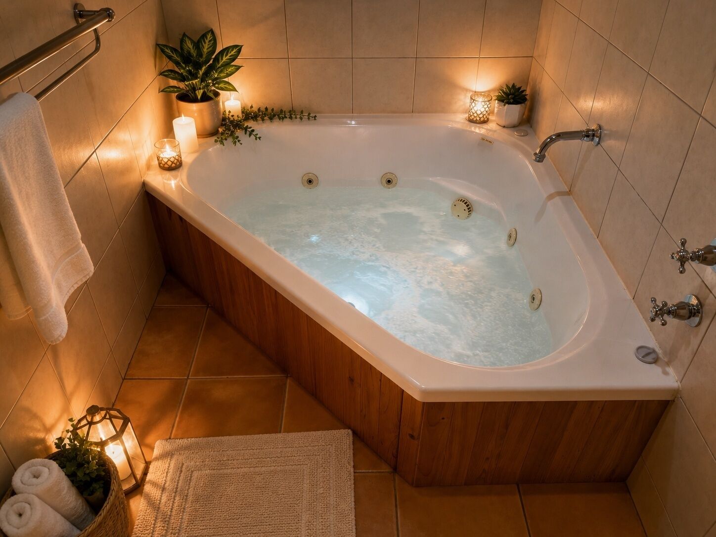 Une salle de bain moderne avec une baignoire sur pieds, un porte-serviettes, un lavabo et une plante en pot.