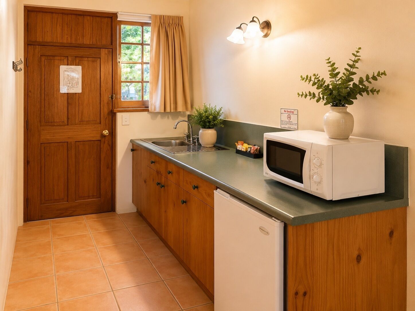 Coffee/tea maker, fridge, microwave, electric kettle