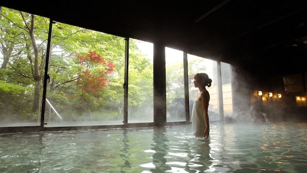 A person standing in a steam-filled indoor pool with large windows overlooking a forest. - Kirishima Kanko Hotel (Kirishima)