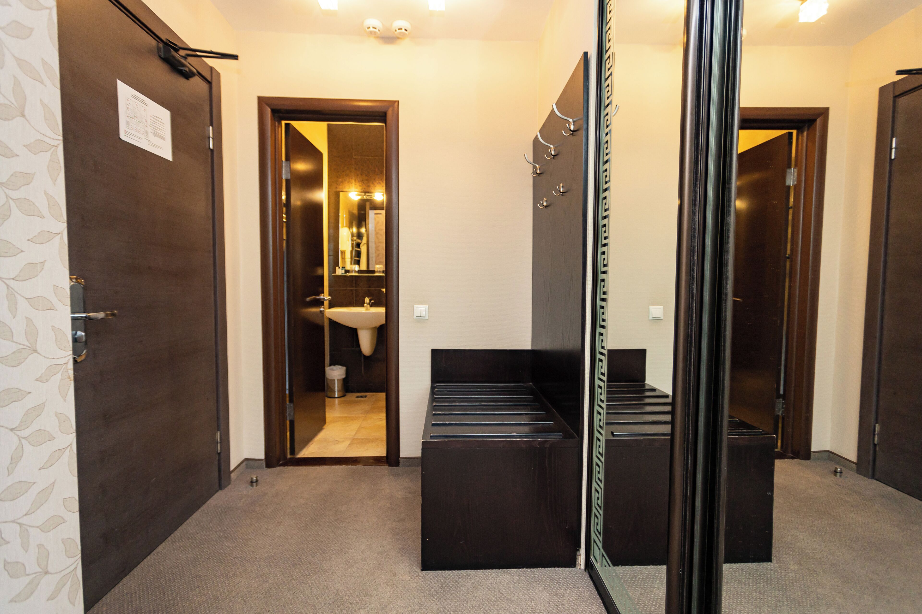 En hotellkorridor med en dörr av trä, en spegel, ett handfat och en klädhängare.