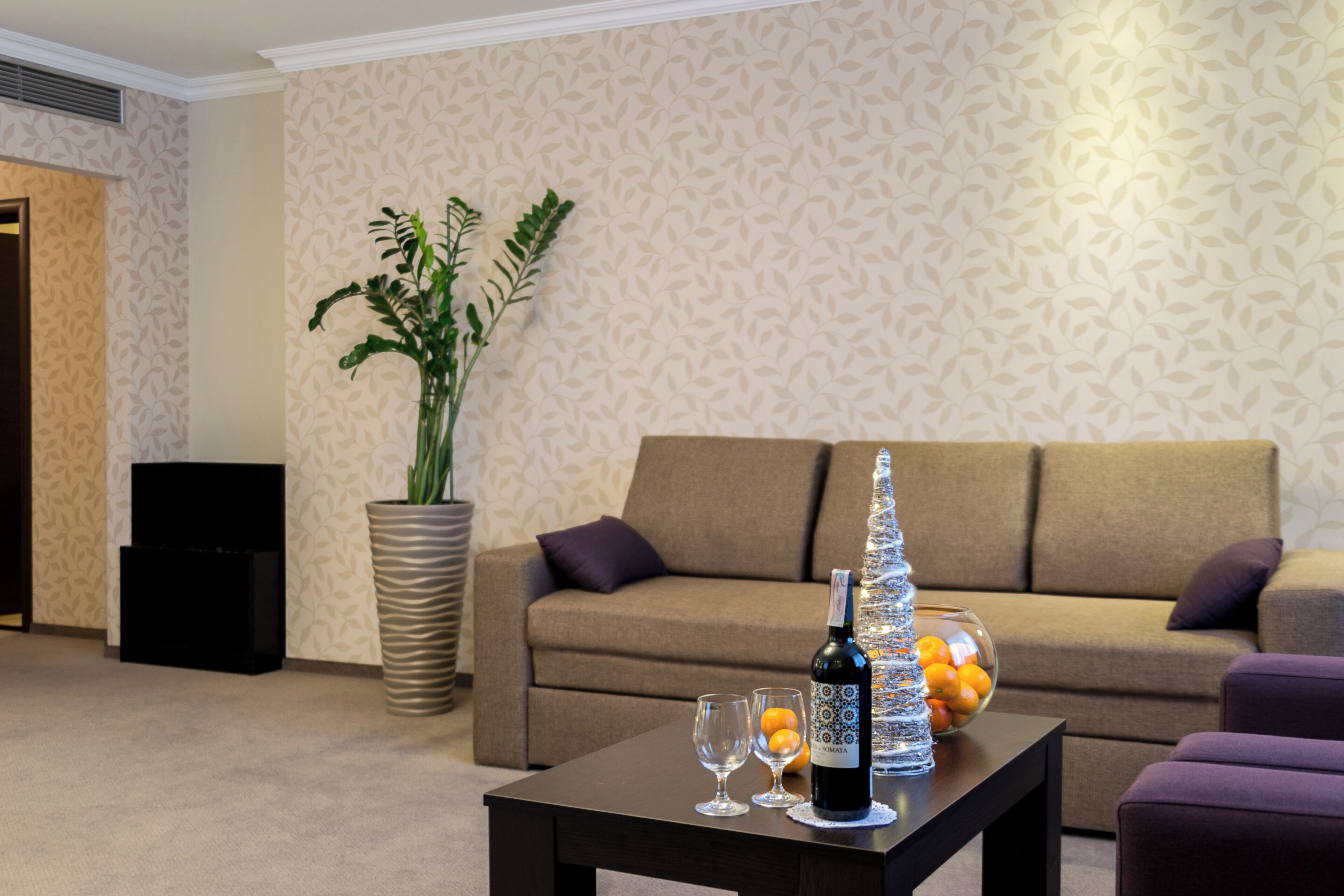 A living room with a sofa, a coffee table with a bottle and glasses, a potted plant, and a bowl of oranges.