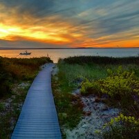A wooden boardwalk leading to a body of water with a boat in the distance during sunset.