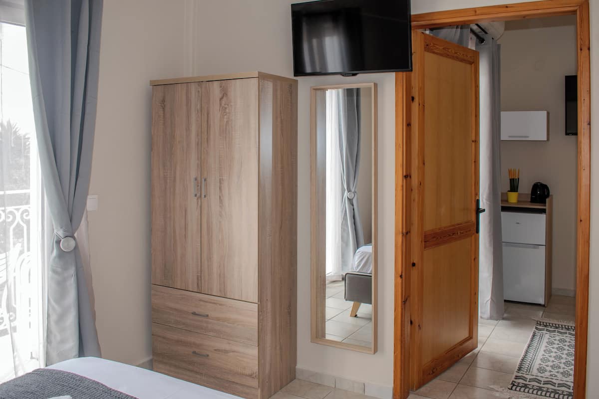 A bedroom with a wooden wardrobe, a mirror, a television, and a view of a bathroom.