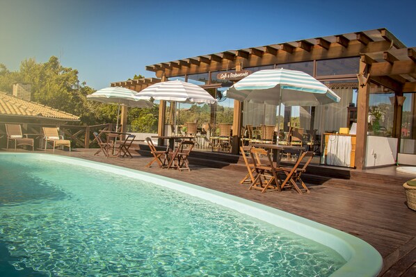 Outdoor pool, pool umbrellas, pool loungers